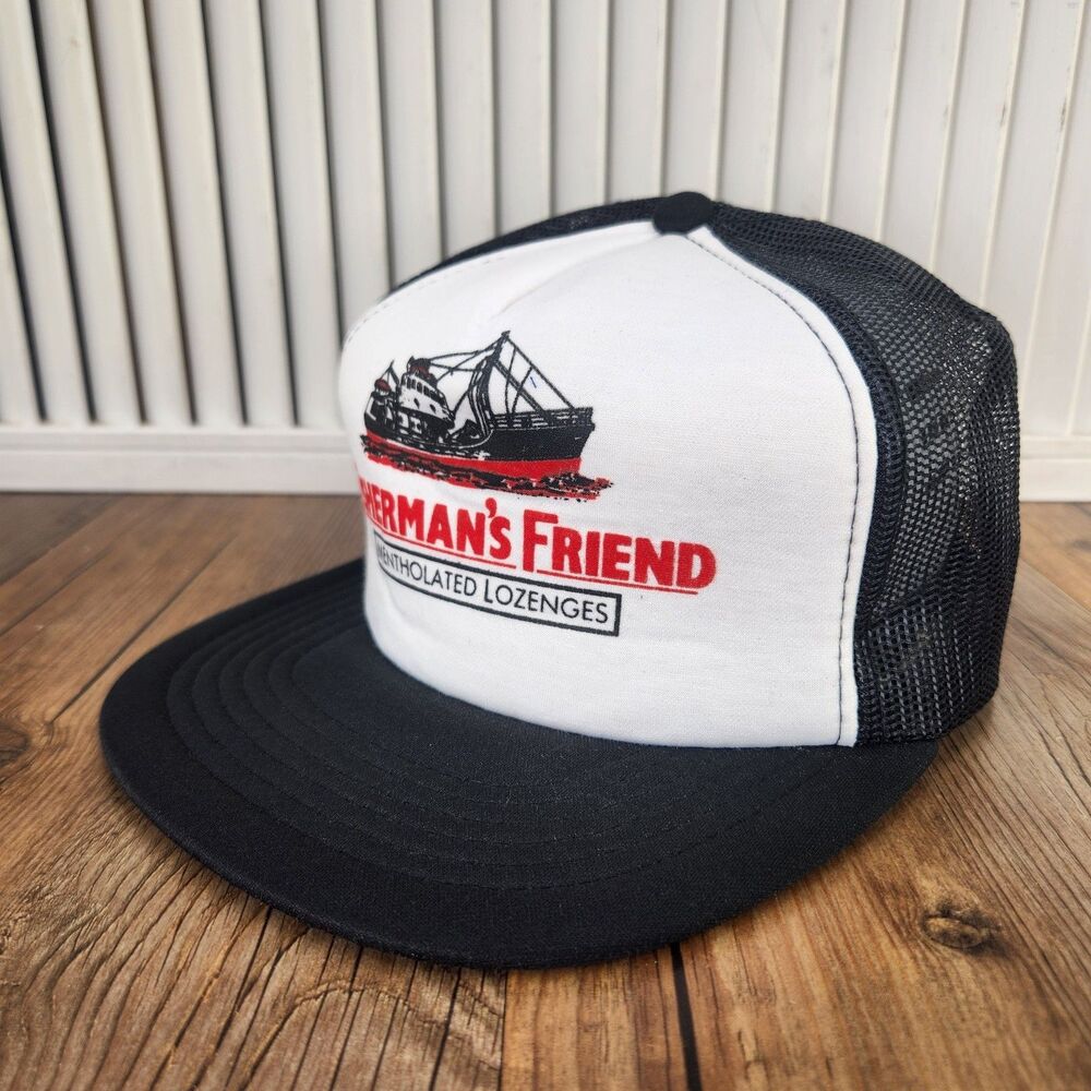 VTG Fisherman's Friend Mentholated Lozenges Trucker Hat Black White Snapback Cap